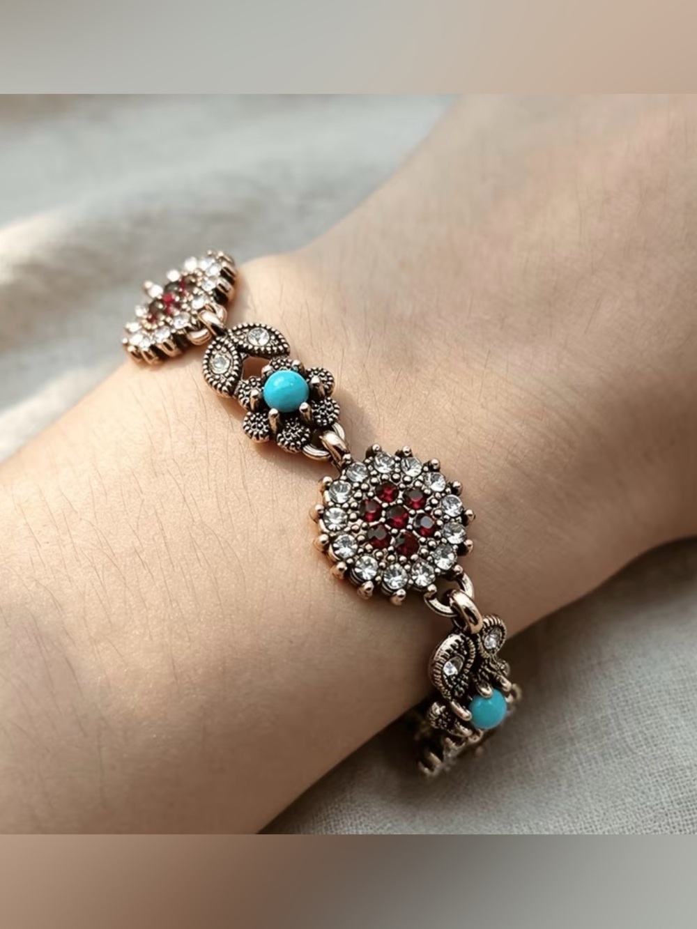Western Vintage-Inspired Turquoise & Red Crystal Bracelet - Women Jewelry